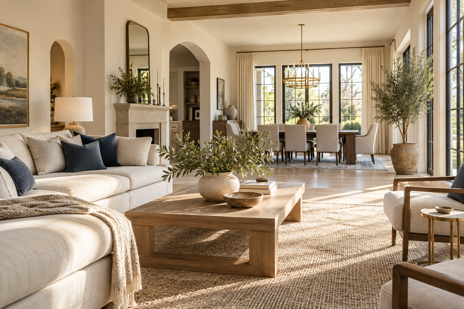 A light-filled living room with a cream sofa, oak furniture, and navy cushions